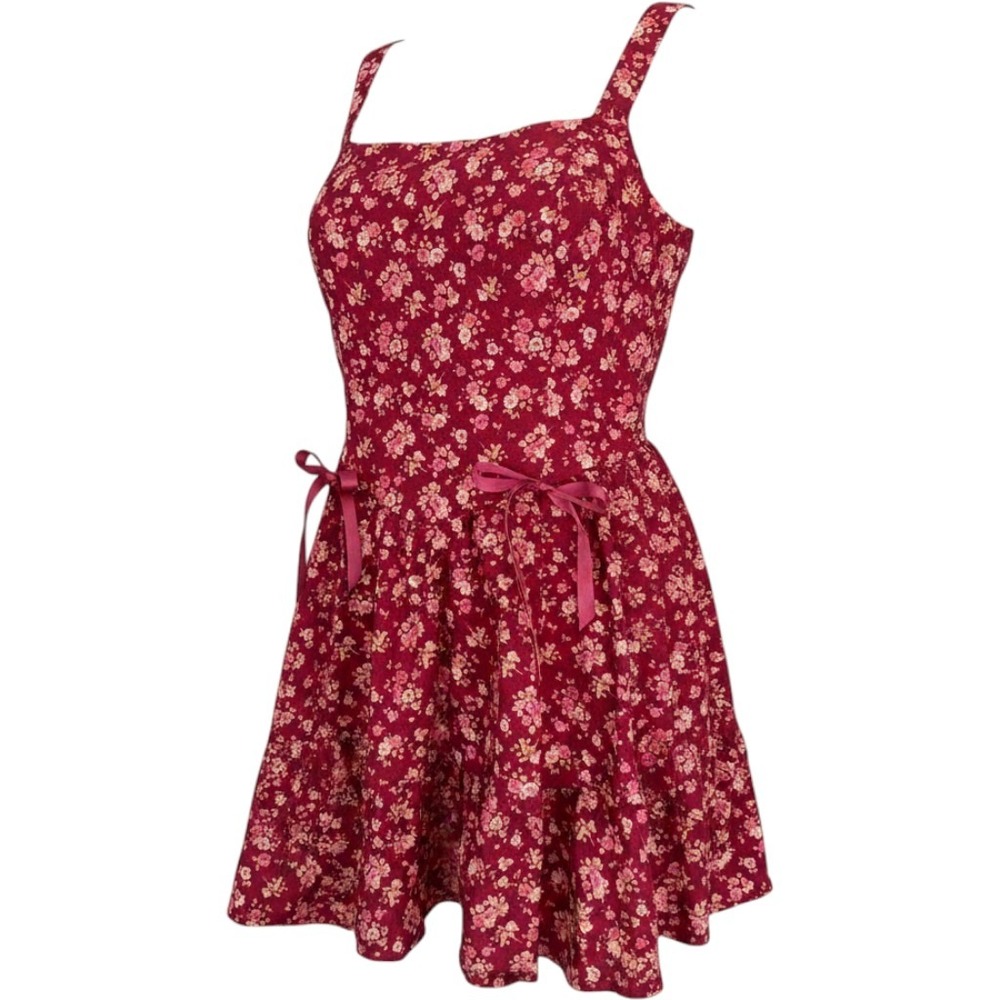 FRANCESCA'S Burgundy Floral Tiered Mini Dress Large Red Cotton Ruffle 26EY34ZCRD